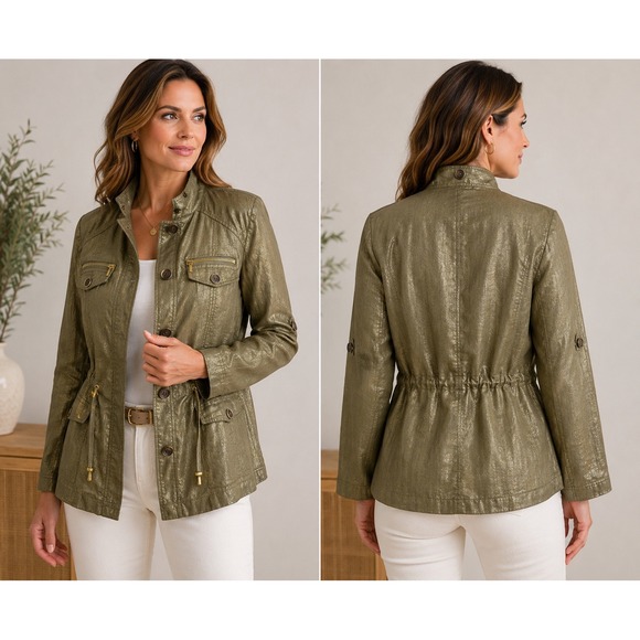 INC International Concepts Jackets & Blazers - INC International Concepts Metallic Gold Linen Utility Jacket Olive Green Medium
